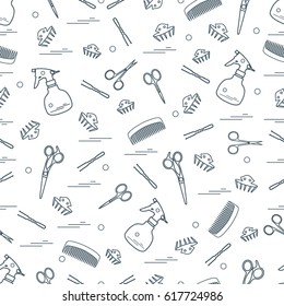 Cute pattern of scissors, combs, hairclip, hairpins and sprayer. For the provision of hairdressing services. Design element for banner, poster or print.