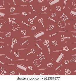 Cute pattern of scissors, combs, hairclip, hairpins and sprayer. For the provision of hairdressing services. Design element for banner, poster or print.