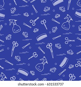 Cute pattern of scissors, combs, hairclip, hairpins and sprayer. For the provision of hairdressing services. Design element for banner, poster or print.