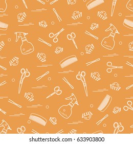 Cute pattern of scissors, combs, hairclip, hairpins and sprayer. For the provision of hairdressing services. Design element for banner, poster or print.