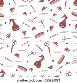 Cute pattern of scissors, combs, hairclip, hairpins and sprayer. For the provision of hairdressing services. Design element for banner, poster or print.