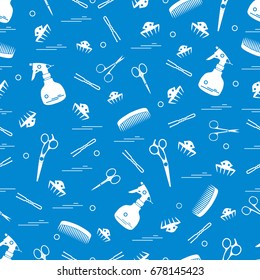 Cute pattern of scissors, combs, hairclip, hairpins and sprayer. For the provision of hairdressing services. Design element for banner, poster or print.