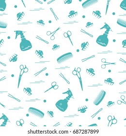 Cute pattern of scissors, combs, hairclip, hairpins and sprayer. For the provision of hairdressing services. Design element for banner, poster or print.