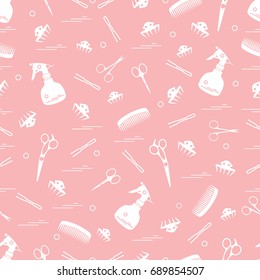 Cute pattern of scissors, combs, hairclip, hairpins and sprayer. For the provision of hairdressing services. Design element for banner, poster or print.