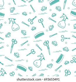 Cute pattern of scissors, combs, hairclip, hairpins and sprayer. For the provision of hairdressing services. Design element for banner, poster or print.