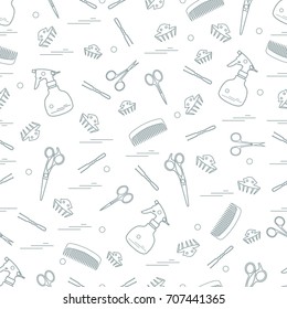 Cute pattern of scissors, combs, hairclip, hairpins and sprayer. For the provision of hairdressing services. Design element for banner, poster or print.