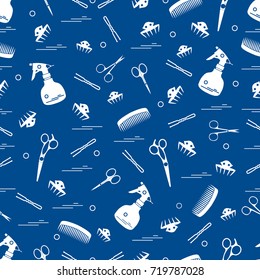 Cute pattern of scissors, combs, hairclip, hairpins and sprayer. For the provision of hairdressing services. Design element for banner, poster or print.