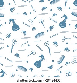Cute pattern of scissors, combs, hairclip, hairpins and sprayer. For the provision of hairdressing services. Design element for banner, poster or print.