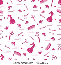 Cute pattern of scissors, combs, hairclip, hairpins and sprayer. For the provision of hairdressing services. Design element for banner, poster or print.