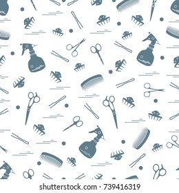 Cute pattern of scissors, combs, hairclip, hairpins and sprayer. For the provision of hairdressing services. Design element for banner, poster or print.