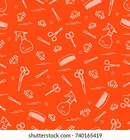Cute pattern of scissors, combs, hairclip, hairpins and sprayer. For the provision of hairdressing services. Design element for banner, poster or print.