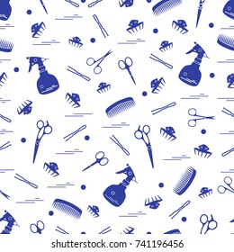 Cute pattern of scissors, combs, hairclip, hairpins and sprayer. For the provision of hairdressing services. Design element for banner, poster or print.