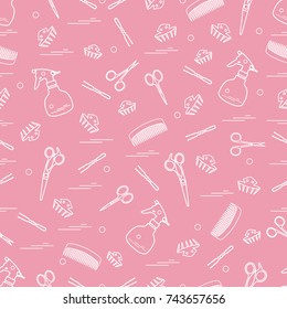 Cute pattern of scissors, combs, hairclip, hairpins and sprayer. For the provision of hairdressing services. Design element for banner, poster or print.