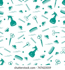 Cute pattern of scissors, combs, hairclip, hairpins and sprayer. For the provision of hairdressing services. Design element for banner, poster or print.