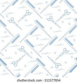 Cute pattern of scissors for cutting hair and combs. Design for banner, flyer, poster or print.