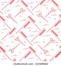 Cute pattern of scissors for cutting hair and combs. Design for banner, flyer, poster or print.
