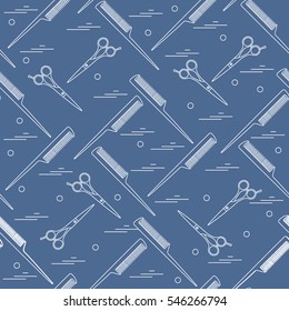 Cute pattern of scissors for cutting hair and combs. Design for banner, flyer, poster or print.