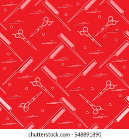 Cute pattern of scissors for cutting hair and combs. Design for banner, flyer, poster or print.