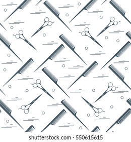 Cute pattern of scissors for cutting hair and combs. Design for banner, flyer, poster or print.