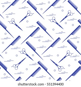 Cute pattern of scissors for cutting hair and combs. Design for banner, flyer, poster or print.
