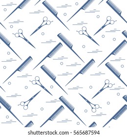 Cute pattern of scissors for cutting hair and combs. Design for banner, flyer, poster or print.