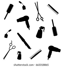 Cute pattern of scissors, dryer, brush, polish and sprayer. For the provision of hairdressing services. Design element for banner, poster or print.