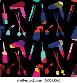 Cute pattern of scissors, dryer, brush, polish and sprayer vector symbols on the colorful geometric background. For the provision of hairdressing services. Design element for banner, poster or print.