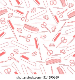 Cute pattern of scissors for manicure and pedicure, combs, nail file, barrettes. Design for banner, flyer, poster or print. 
