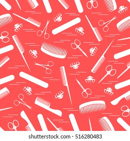 Cute pattern of scissors for manicure and pedicure, combs, nail file, barrettes. Design for banner, flyer, poster or print. 