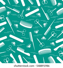 Cute pattern of scissors for manicure and pedicure, combs, nail file, barrettes. Design for banner, flyer, poster or print. 