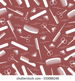 Cute pattern of scissors for manicure and pedicure, combs, nail file, barrettes. Design for banner, flyer, poster or print. 