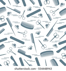 Cute pattern of scissors for manicure and pedicure, combs, nail file, barrettes. Design for banner, flyer, poster or print. 