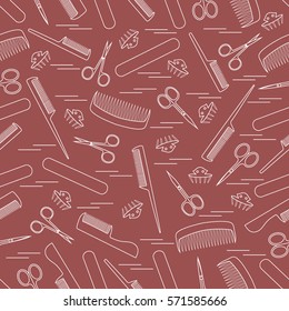 Cute pattern of scissors for manicure and pedicure, combs, nail file, barrettes. Design for banner, flyer, poster or print. 
