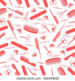 Cute pattern of scissors for manicure and pedicure, combs, nail file, barrettes. Design for banner, flyer, poster or print. 