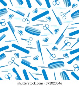 Cute pattern of scissors for manicure and pedicure, combs, nail file, barrettes. Design for banner, flyer, poster or print. 