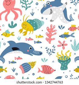 Diseño elegante con animales marinos y peces de fondo blanco con plantas marinas en un estilo de dibujos animados. Ilustración para niños en vectores.