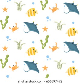 Cute pattern with sea animals yellow fish and ray.