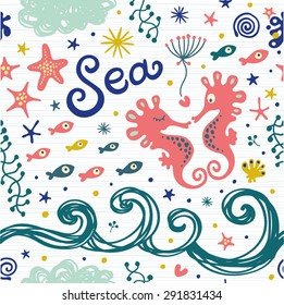 Cute pattern with sea horses, waves, seaweed and starfish. Seamless background for your design.