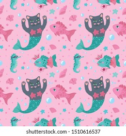 Cute pattern with sea inhabitants. Magic sea cat, princess fish, seahorse, pink fish and decorative elements on the background
