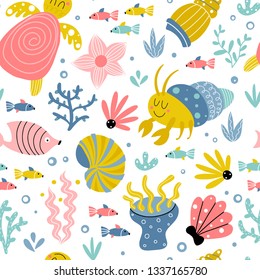 Cute pattern with sea inhabitants on a white background with sea plants in a cartoon style. Illustration for children in vector.