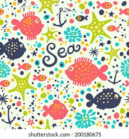 Cute pattern with sea inhabitants. Seamless vector background.