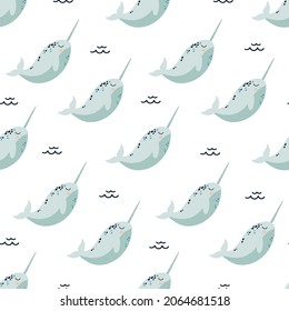 Cute pattern with sea narwhals. Arctic Ocean animals in seamless ornament