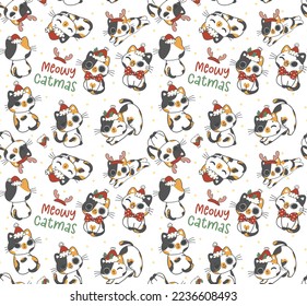 Cute pattern seamless background funny Santa Calico kitten cats Christmas animal cartoon doodle drawing isolated on white background