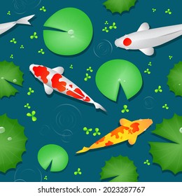 Cute pattern seamless background, Koi fish in the pond and water lily leaves. Vector illustration.