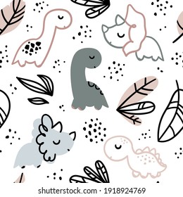 Cute pattern seamless with dinosaurs. An endless ornament with animals and tropical leaves. For baby boys textiles, clothing