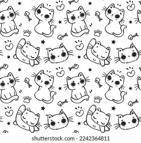 cute pattern seamless doodle funny kitten cat cartoon hand drawing vector black line isolated on white background