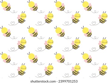 Cute pattern seamless flying bee Cartoon in adorable poses isolated on white background. Kawaii Animal Drawing for Spring Summer.