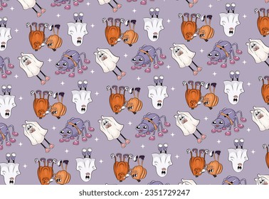 Cute pattern, seamless pattern with Halloween characters. Ghosts, pumpkins and a spider on a lavender (light purple) background.