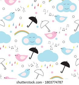 Arcoiris y nubes felices con hermosos pájaros cantantes