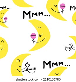 Cute pattern. Seamless vector design with smiling moon with Chupa Chups. Pattern for prints, wrapping paper, backgrounds, wallpaper, scrapbooking, textile, kids fashion, stationary. Hand drawn.